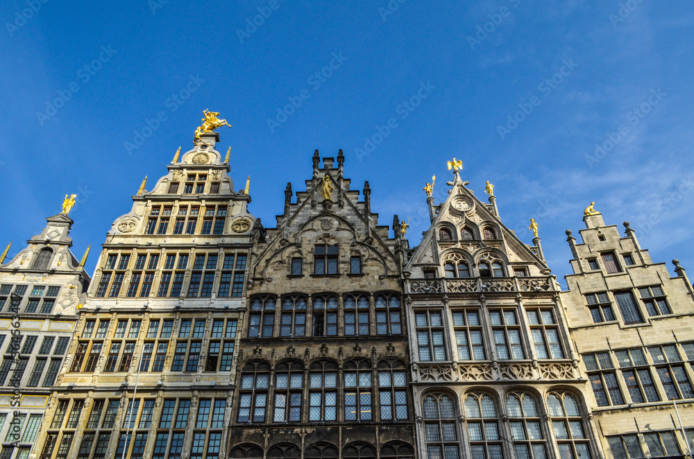 Beautiful architecture of buildings in the center of Antwerp, Belgium. In the center there are many historic buildings in a great condition.