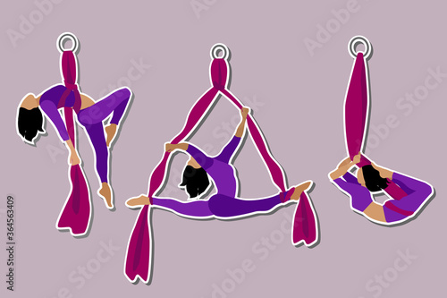 Set. Stickers Aerial with silk ribbon and hammock. Girl. Aerial Yoga. Stretching exercises