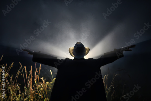halloween man field scarecrow concept horror and fear night in fog