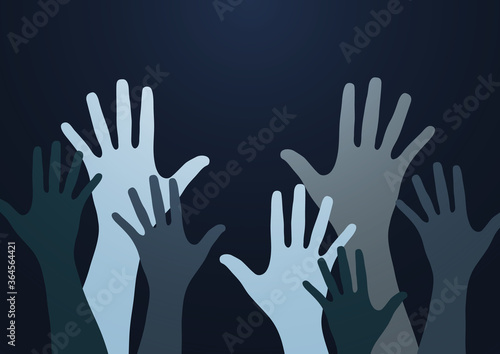 People raise their hands, vote with their hands. The concept of multinationality, diversity, union and power. Volunteering, charity, donations and solidarity. Vector