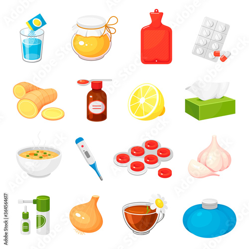 Cold, flue, influenza remedies. Mixture, pills, tablets, honey, capsules, hot water bag, ginger.