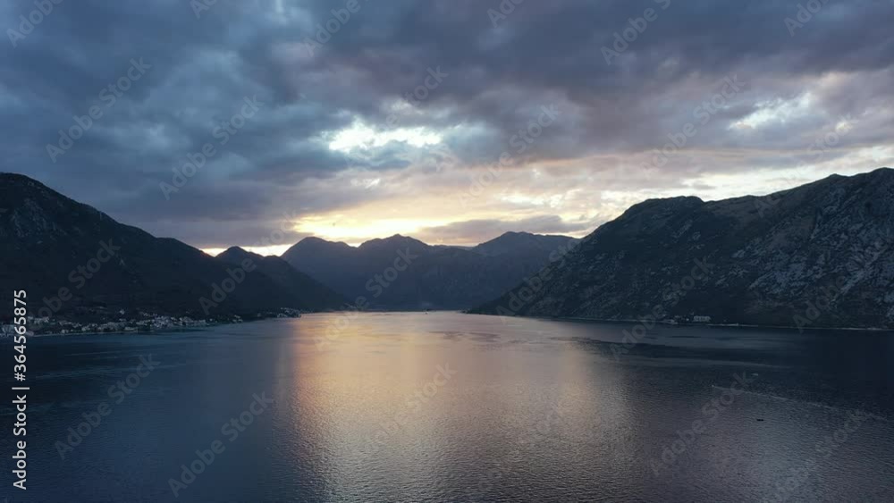 Kotor. Montenegro. The beautiful Bay of Kotor, on the Adriatic coast. Aerial footage. Sunset