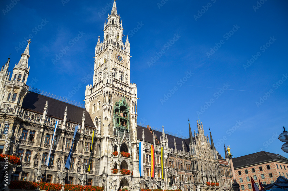 New Town Hall (Rathaus) in the center of the city at Marienplatz.  Popular tourist destination at Munich, Germany