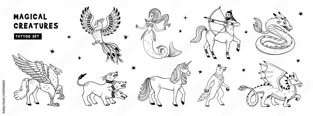 Magical creatures set. Mythological animals. Doodle style black and white vector illustration isolated on white background. Tattoo design or coloring page, Line Art. horizontal page.