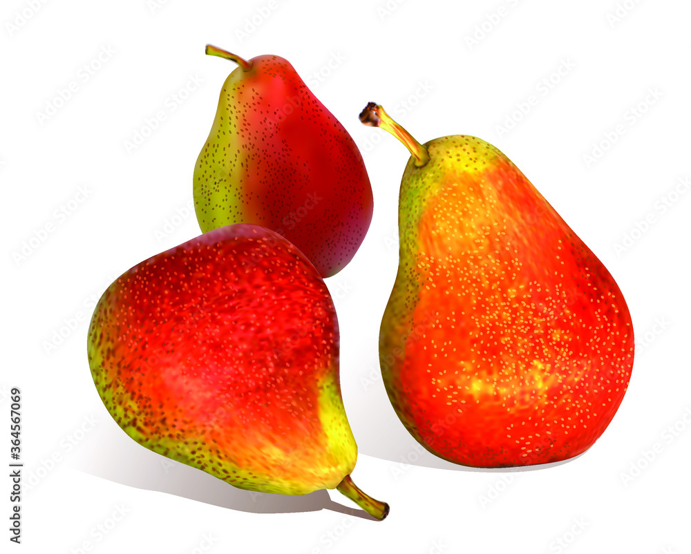 Ripe, juicy pears isolated on a white background. Set of three red-green pears. 3d. Vector. Eps 10.