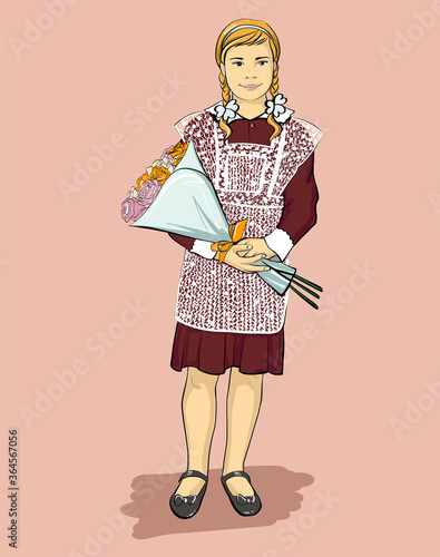 There is a schoolgirl with a bouquet of flowers. The illustration is made in a cartoon style.