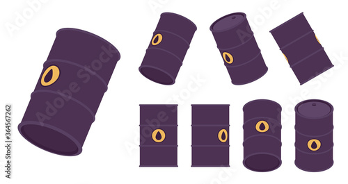 Oil black barrel set with drop emblem. Steel tight head drum for transporting industrial equipment and to store hazardous liquids. Vector flat style cartoon illustration, different views