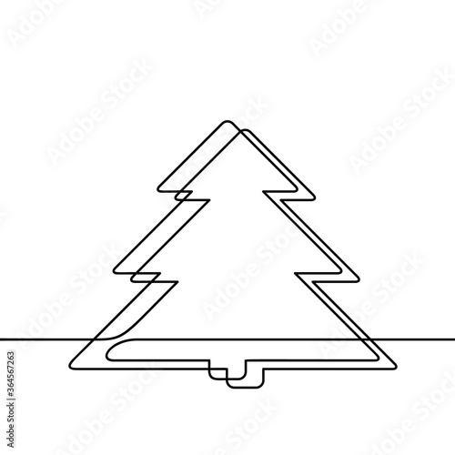 Continuous line drawing of christmas tree, Black and white vector minimalistic linear illustration made of one line