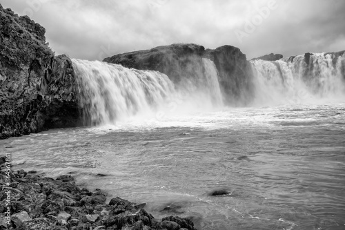 Godafoss powerful waterfalls on a cloudy summer day  Iceland