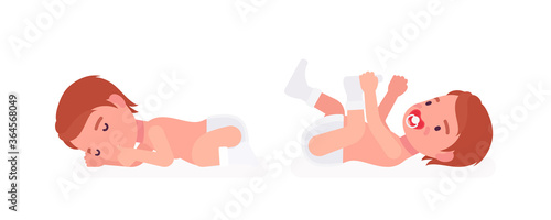 Toddler child, little boy sleeping calm, lying on his back. Cute sweet happy healthy baby aged 12 to 36 months with soothie pacifier, wearing diaper. Vector flat style cartoon illustration