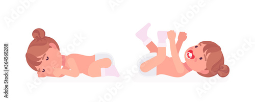 Toddler child, little girl sleeping calm, lying on her back. Cute sweet happy healthy baby aged 12 to 36 months with soothie pacifier, wearing diaper. Vector flat style cartoon illustration