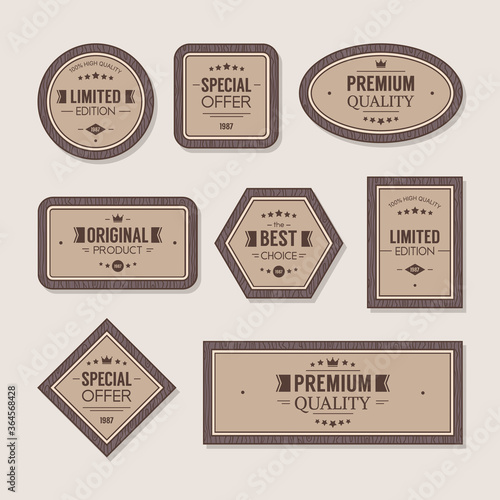 Set of wooden premium quality badges and labels, vector illustration