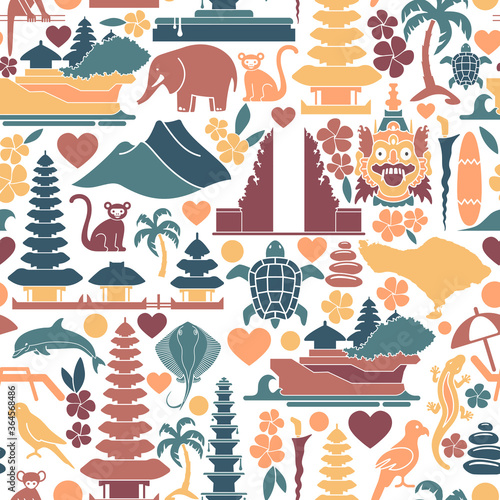 Seamless background with traditional symbols of the island of Bali, Indonesia