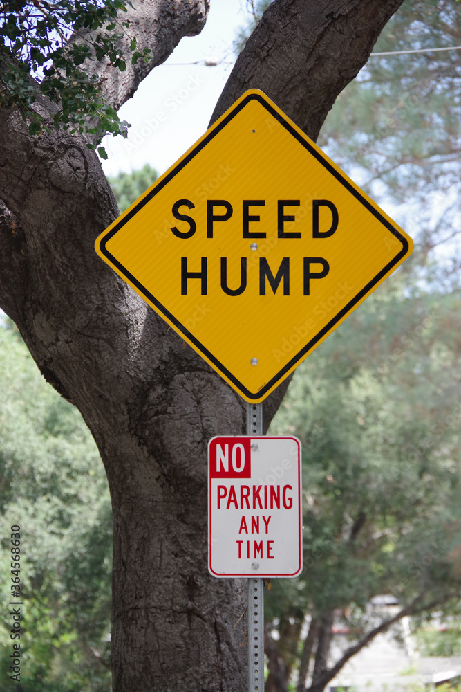 Close view of a traffic sign marking a speed hump and also displaying a no parking sign