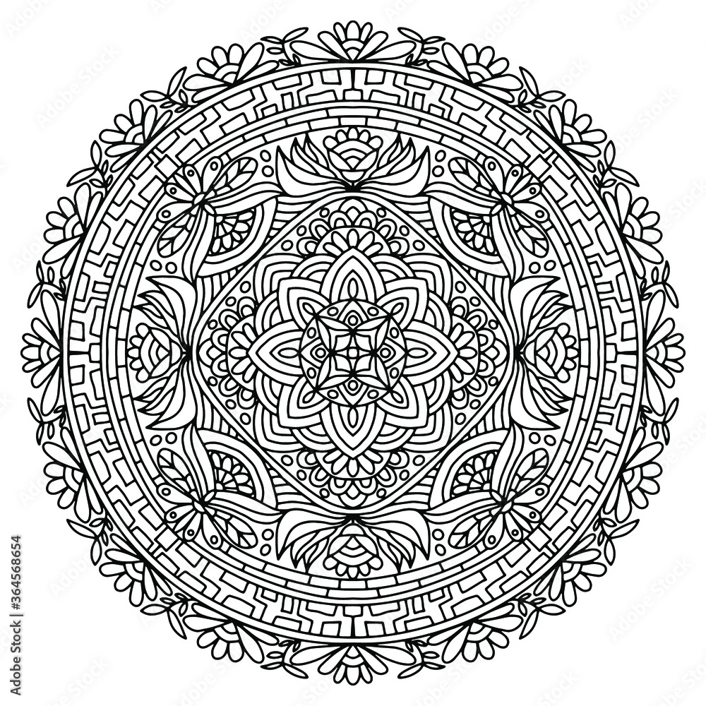 Fototapeta premium mandala with flowers and ornaments in folk style drawn on a white background for coloring, vector
