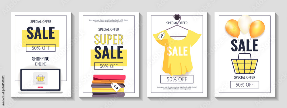Set of flyers with items of clothing. Shopping, Clothing store,  Supermarket, Order online, Sale, Black friday concept. Vector illustration  for poster, banner, flyer, advertising, promo, commercial. Stock Vector