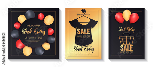 Set of promo sale flyers for Black friday. Shopping, Clothing store, Supermarket, Order online, Sale concept. Vector illustration for poster, banner, flyer, advertising, promo, commercial.