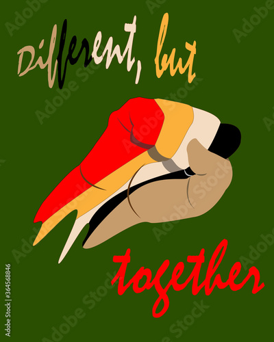 Clenched fist with fingers painted in the colors of the races on a green background with the words "different but together." Vector image