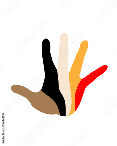 Open palm with fingers painted in the colors of the races. Vector image