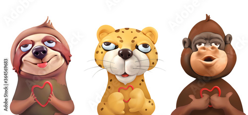 Sloth, leopard, monkey cartoon characters. Cute animals 3d vector art illustration