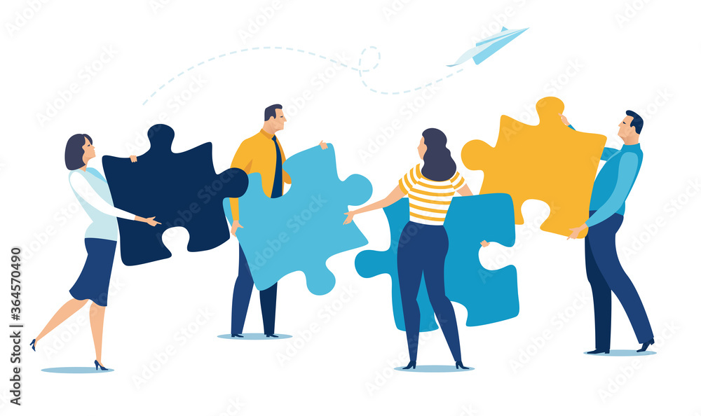 © bizvector - Business concept of teamwork, cooperation. People holding puzzle elements. Vector illustration..