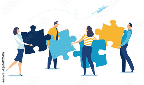Business concept of teamwork, cooperation. People holding puzzle elements. Vector illustration..