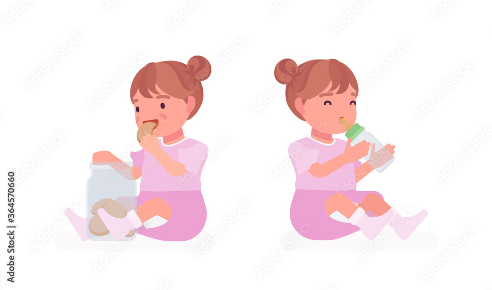 Toddler child, little girl enjoys eating cookies, drinking from bottle, getting nutrition. Cute sweet happy healthy baby aged 12, 36 months, wearing pink dress. Vector flat style cartoon illustration Toddler child, little girl enjoys eating cookies, drinking from bottle, getting nutrition. Cute sweet happy healthy baby aged 12, 36 months, wearing pink dress. Vector flat style cartoon illustration