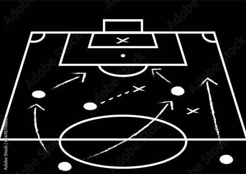 Background of soccer team formation and tactic drawing on the black football board