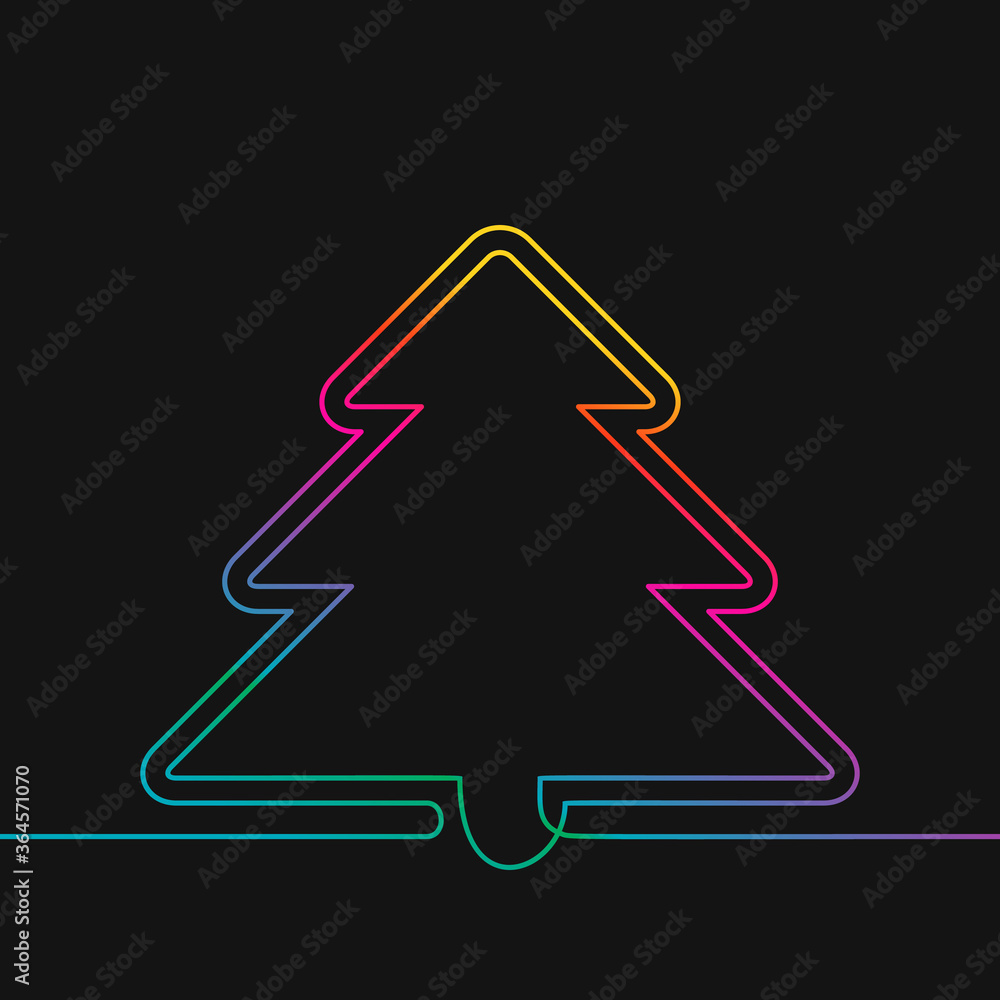 One line drawing of christmas tree, Rainbow colors on black background vector minimalistic linear illustration made of continuous line One line drawing of christmas tree, Rainbow colors on black background vector minimalistic linear illustration made of continuous line
