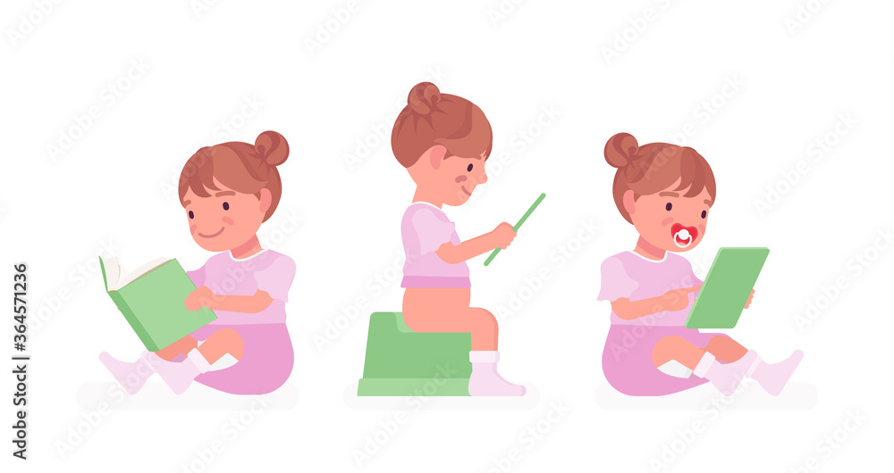 Toddler child, little girl on a potty sitting with book, tablet. Cute sweet happy healthy baby aged 12 to 36 months with soothie pacifier, wearing pretty dress. Vector flat style cartoon illustration Toddler child, little girl on a potty sitting with book, tablet. Cute sweet happy healthy baby aged 12 to 36 months with soothie pacifier, wearing pretty dress. Vector flat style cartoon illustration