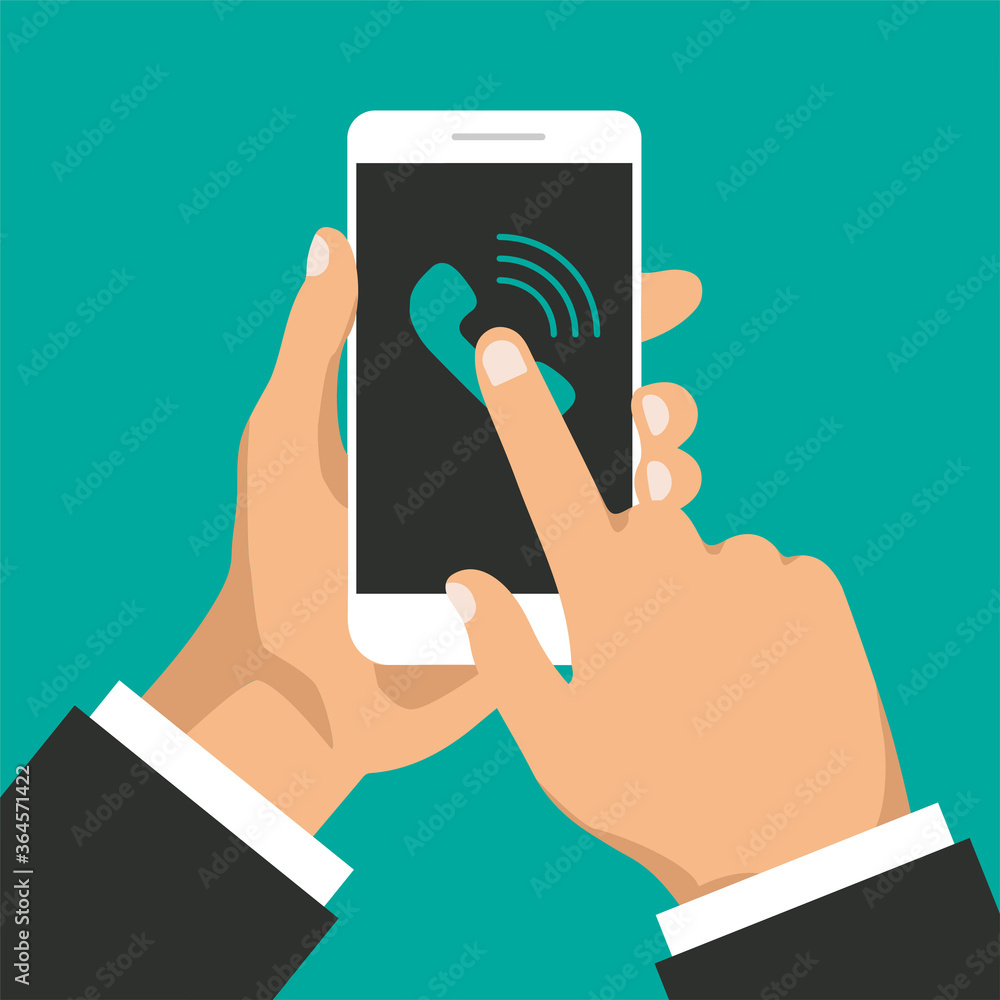 Hand holds smartphone with incoming call on a screen. Calling service concept. Answer the call. Vector modern illustration for web banners, websites, infographics.
Hand holds smartphone with incoming call on a screen. Calling service concept. Answer the call. Vector modern illustration for web banners, websites, infographics.