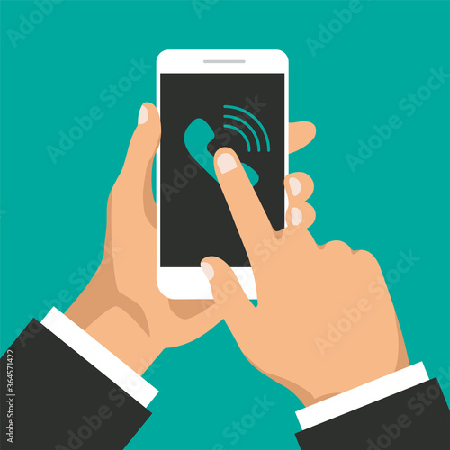 Hand holds smartphone with incoming call on a screen. Calling service concept. Answer the call. Vector modern illustration for web banners, websites, infographics.	
