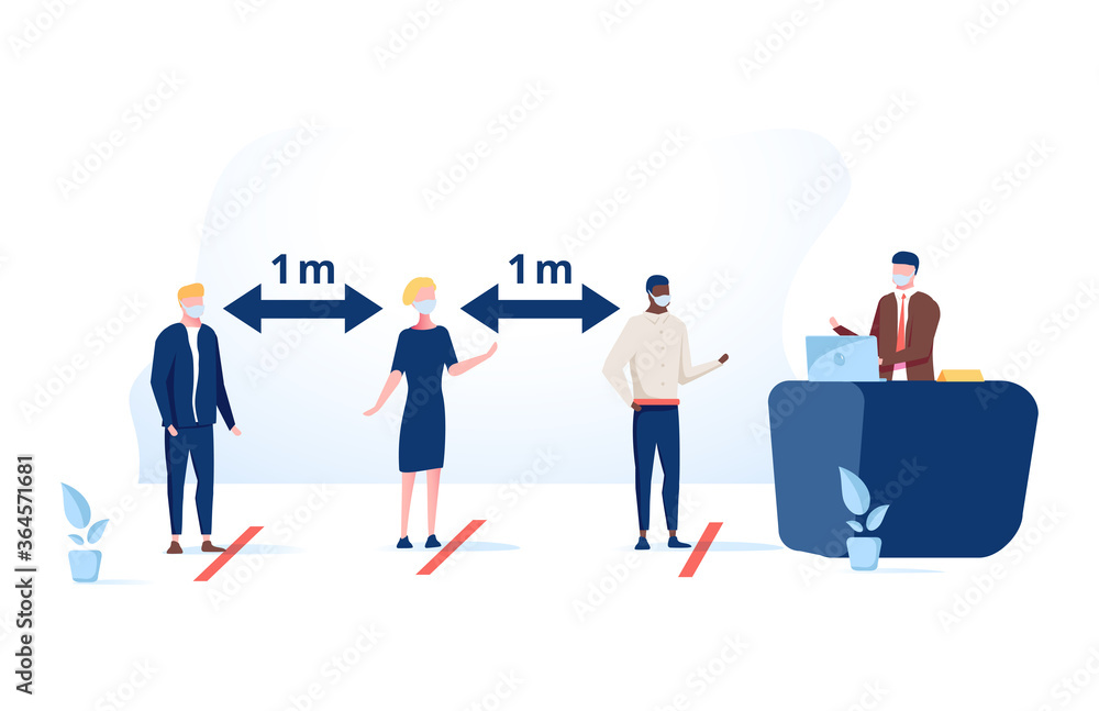 Obraz premium Social distancing and coronavirus covid-19 prevention: maintain a safe distance from others in public offices and banks