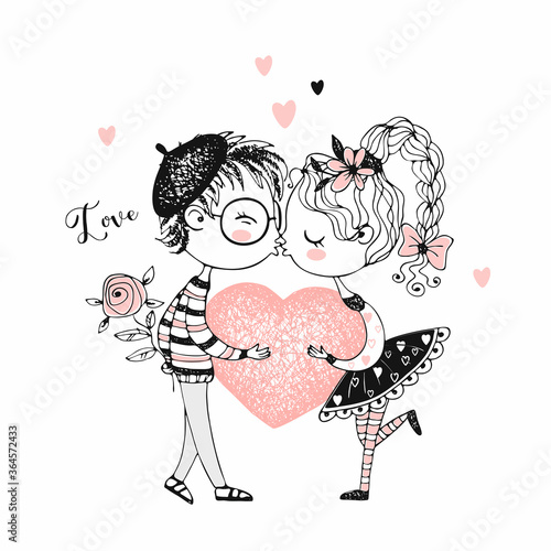 A boy and a girl kiss and hold a big heart. Vector