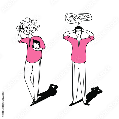 Vector illustration, a man in confusion. The character experiences emotions of confusion. The concept of psychology of emotions.