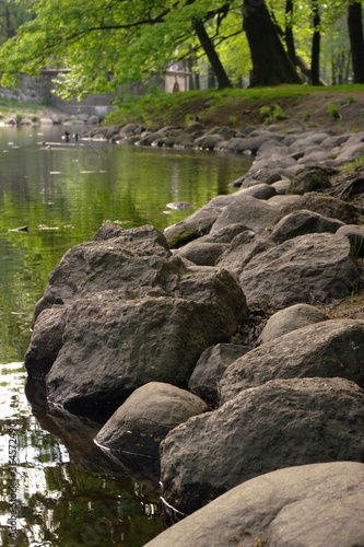 landscape of the lake coastline, with large stones in the foreground and tree trunks with soft green crowns in the distance, vertical format