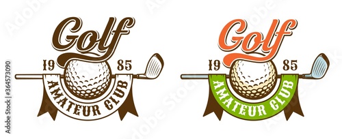 Golf retro sport logo. Golf ball and club with ribbon - vintage emblem. Vector illustration.