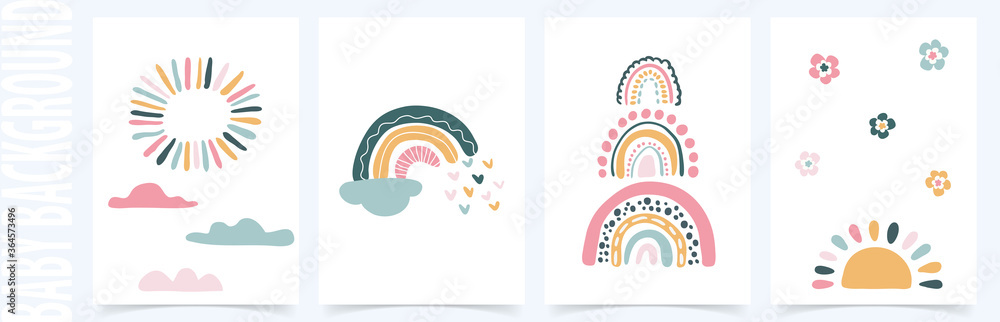Vector background with hand drawn rainbows and sun. Trendy baby texture Vector background with hand drawn rainbows and sun. Trendy baby texture