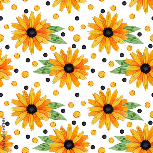 Seamless pattern with vintage yellow-orange flowers, green leaves and polka dots on white background