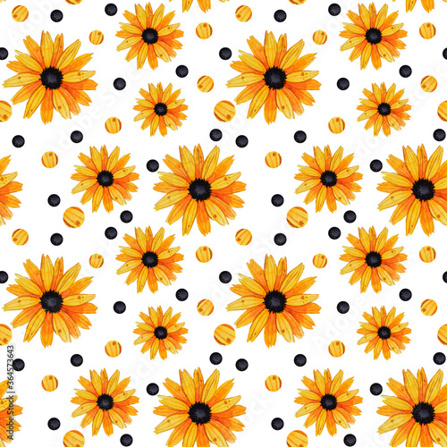 Seamless pattern with vintage yellow-orange flowers and polka dots  on white background