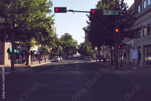 Street with traffic lights, city of Waco Texas USA.