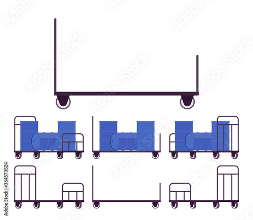 Push cart cargo black trolley set, hand moving platform. Dolly for heavy items transportation, warehouse or factory easy storage and departure. Vector flat style cartoon illustration, different views
