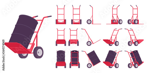 Hand truck red set. Equipment for manual moving boxes or unloading cargo, heavy lifting, easy transport and convenient storage. Vector flat style cartoon illustration, different views