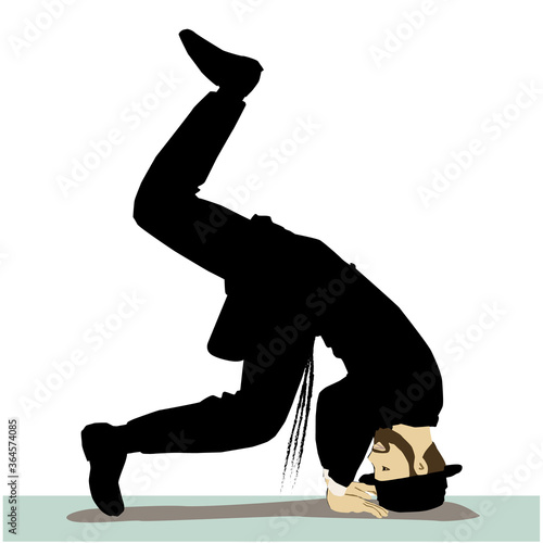 A colorful vector drawing of a Jew, a Hasidic, an ultra-Orthodox, wearing a hat and a long black suit making a somersault.