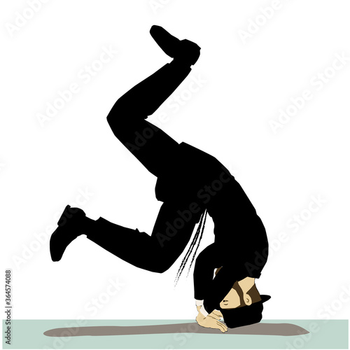 A colorful vector drawing of a Jew, a Hasidic, an ultra-Orthodox, wearing a hat and a long black suit making a somersault.