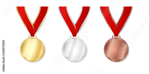 Sport golden, silver, bronze medal with red ribbon on white background. Champion winner awards template for 1, 2, 3 place. Vector illustration