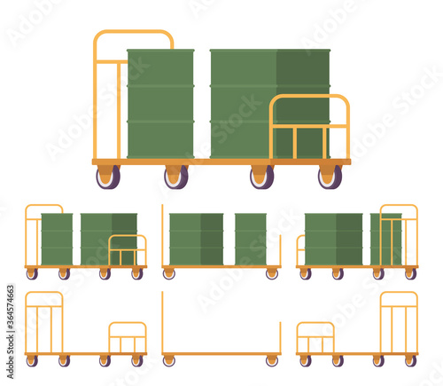 Push cart cargo yellow trolley set, hand moving platform. Dolly for heavy items transportation, warehouse or factory easy storage and departure. Vector flat style cartoon illustration, different views