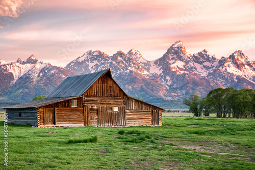 Mormon Row in Jackson Hole, Wyoming on a partially cloudy day