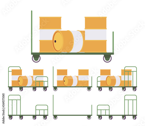Push cart cargo green trolley set, hand moving platform. Dolly for heavy items transportation, warehouse or factory easy storage and departure. Vector flat style cartoon illustration, different views