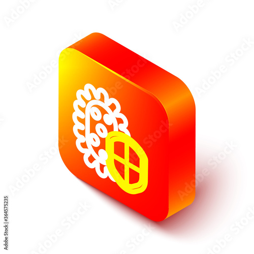 Isometric line Shield protecting from virus, germs and bacteria icon isolated on white background. Immune system concept. Corona virus 2019-nCoV. Orange square button. Vector Illustration.